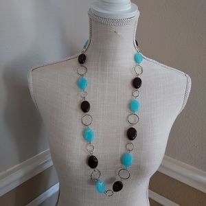 REBECCA MALONE AQUA AND BROWN BEADED, SILVER RING NECKLACE